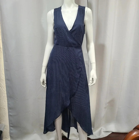 Lulus Fine Lines Navy Blue Striped   High-Low Wrap‎ Dress size S bridesmaid - Picture 3 of 11